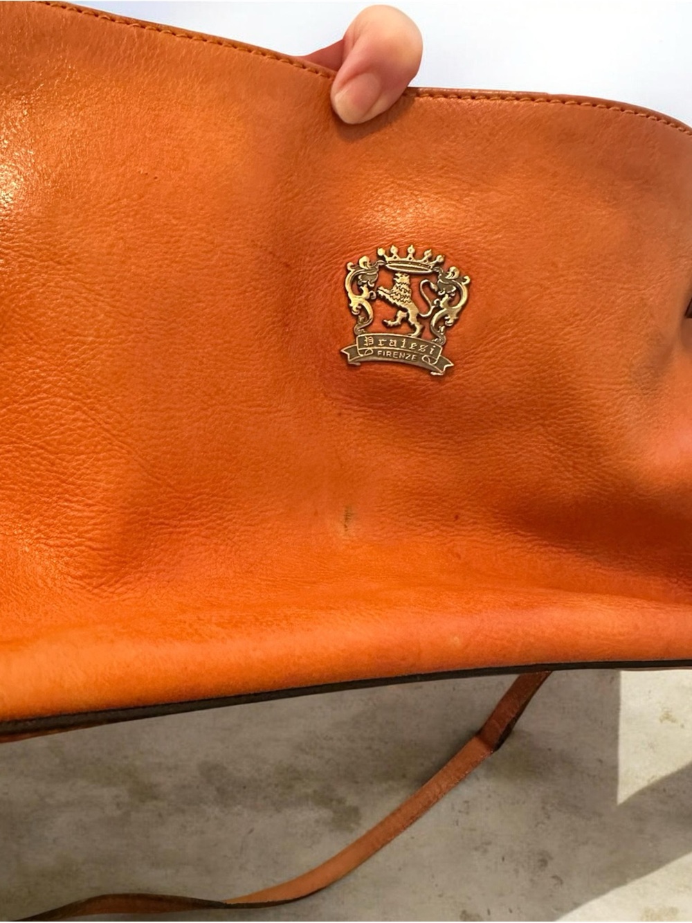 Pratesi Firenze Orange Leather Shoulder Bag with Crest Emblem